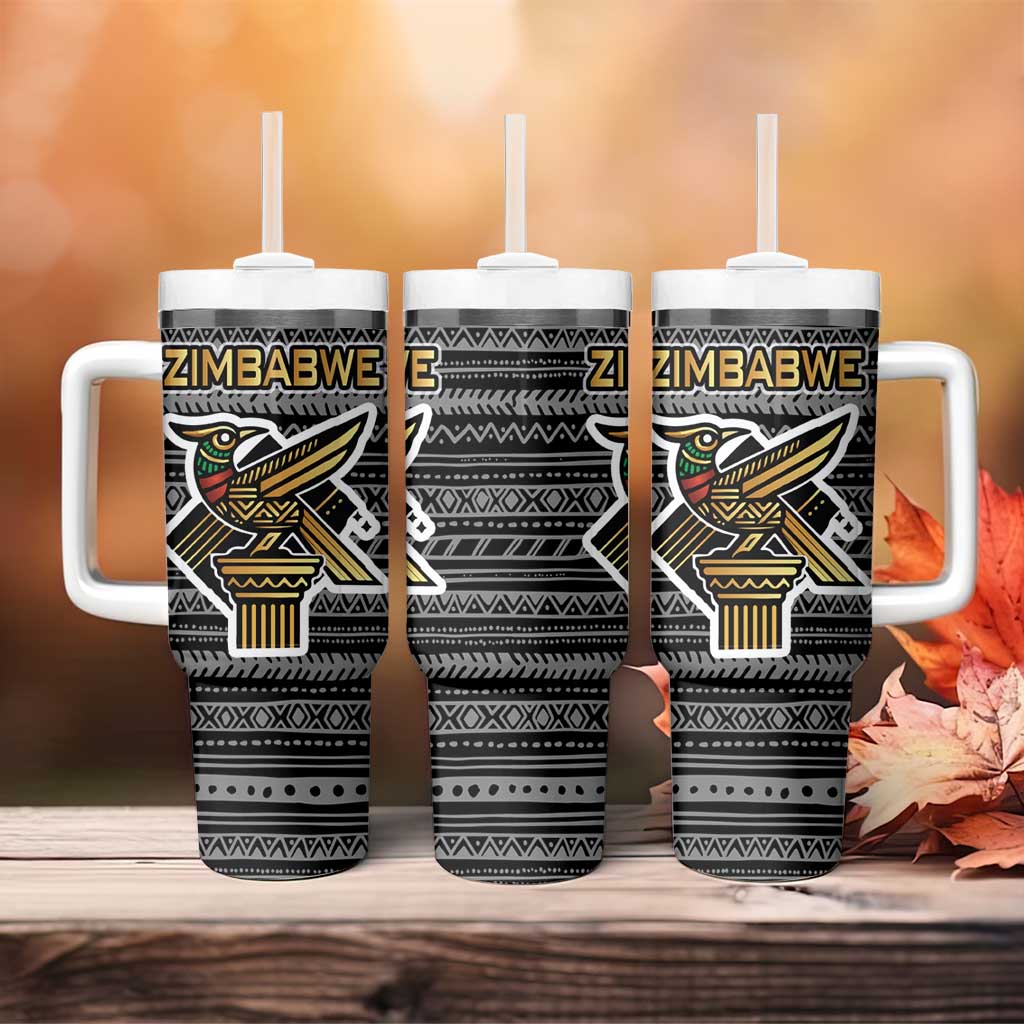 Zimbabwean Bird Statue Tumbler With Handle Tribal Pattern Flag Patch and Heritage Symbol