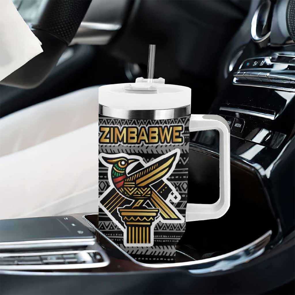 Zimbabwean Bird Statue Tumbler With Handle Tribal Pattern Flag Patch and Heritage Symbol