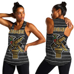 Zimbabwean Bird Statue Women Racerback Tank Tribal Pattern Flag Patch and Heritage Symbol
