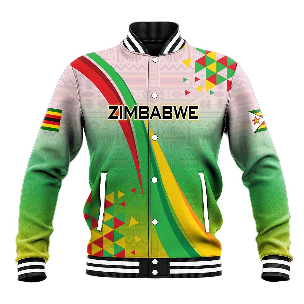 Vibe Zimbabwe Baseball Jacket Tribal-Inspired Background with Geometric Flag Color Design
