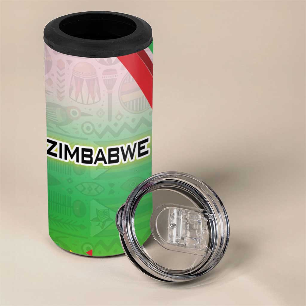 Vibe Zimbabwe 4 in 1 Can Cooler Tumbler Tribal-Inspired Background with Geometric Flag Color Design
