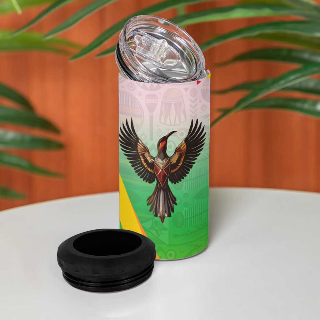 Vibe Zimbabwe 4 in 1 Can Cooler Tumbler Tribal-Inspired Background with Geometric Flag Color Design