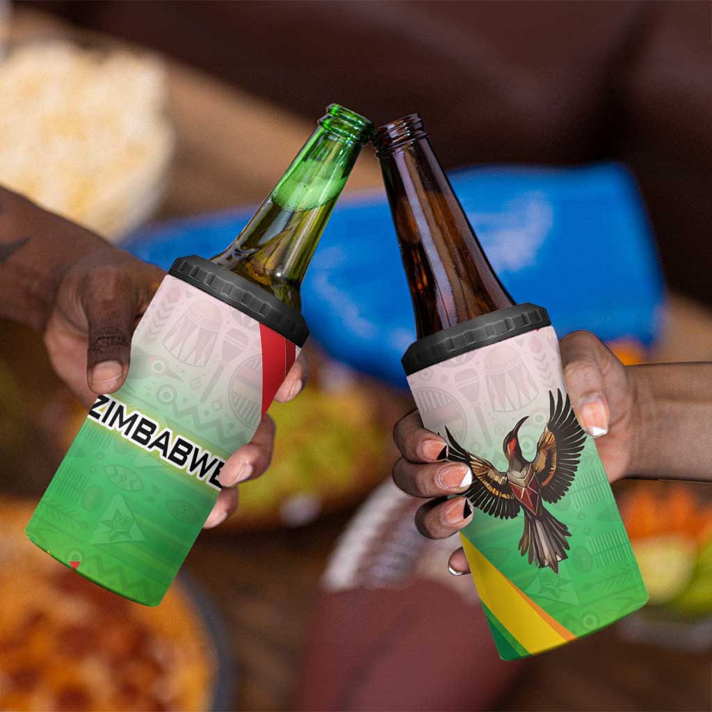 Vibe Zimbabwe 4 in 1 Can Cooler Tumbler Tribal-Inspired Background with Geometric Flag Color Design