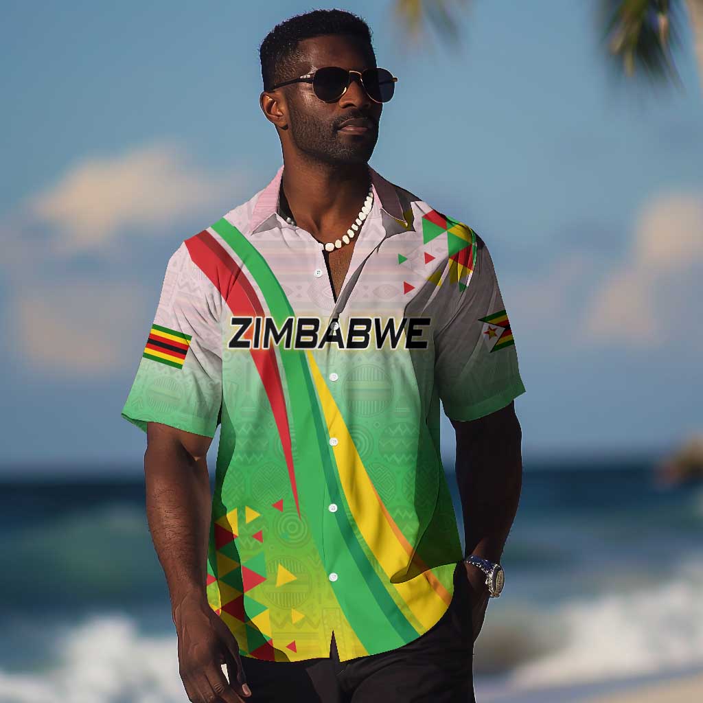 Vibe Zimbabwe Hawaiian Shirt Tribal-Inspired Background with Geometric Flag Color Design