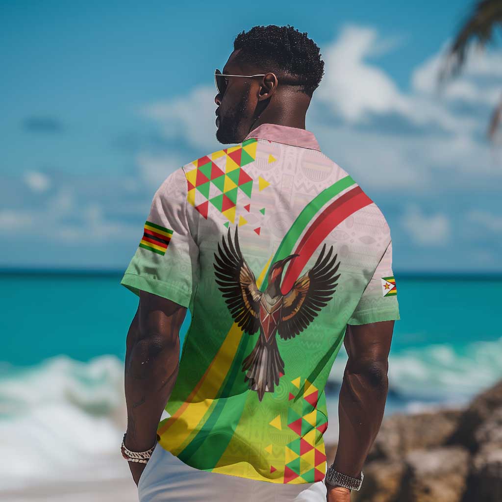 Vibe Zimbabwe Hawaiian Shirt Tribal-Inspired Background with Geometric Flag Color Design