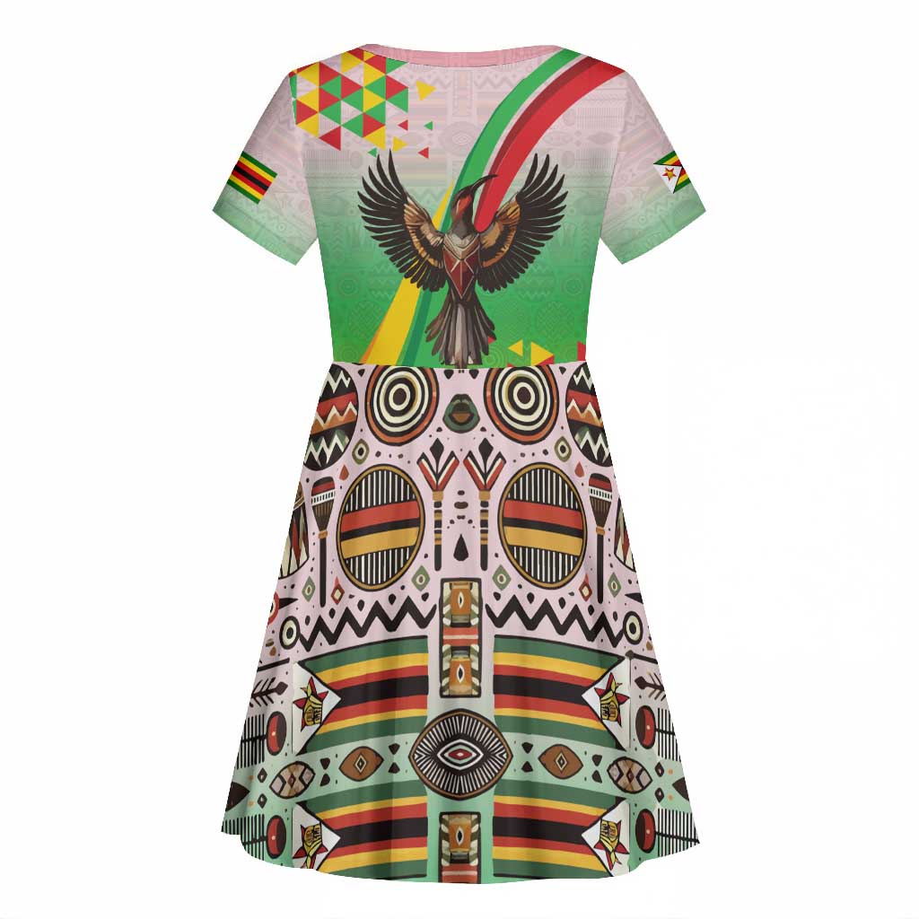 Vibe Zimbabwe Kid Short Sleeve Dress Tribal-Inspired Background with Geometric Flag Color Design