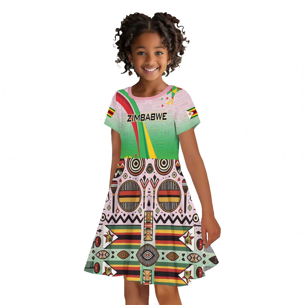 Vibe Zimbabwe Kid Short Sleeve Dress Tribal-Inspired Background with Geometric Flag Color Design