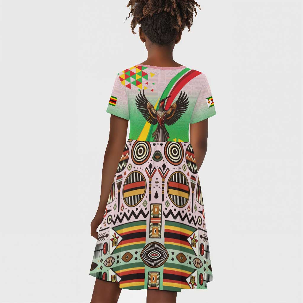 Vibe Zimbabwe Kid Short Sleeve Dress Tribal-Inspired Background with Geometric Flag Color Design