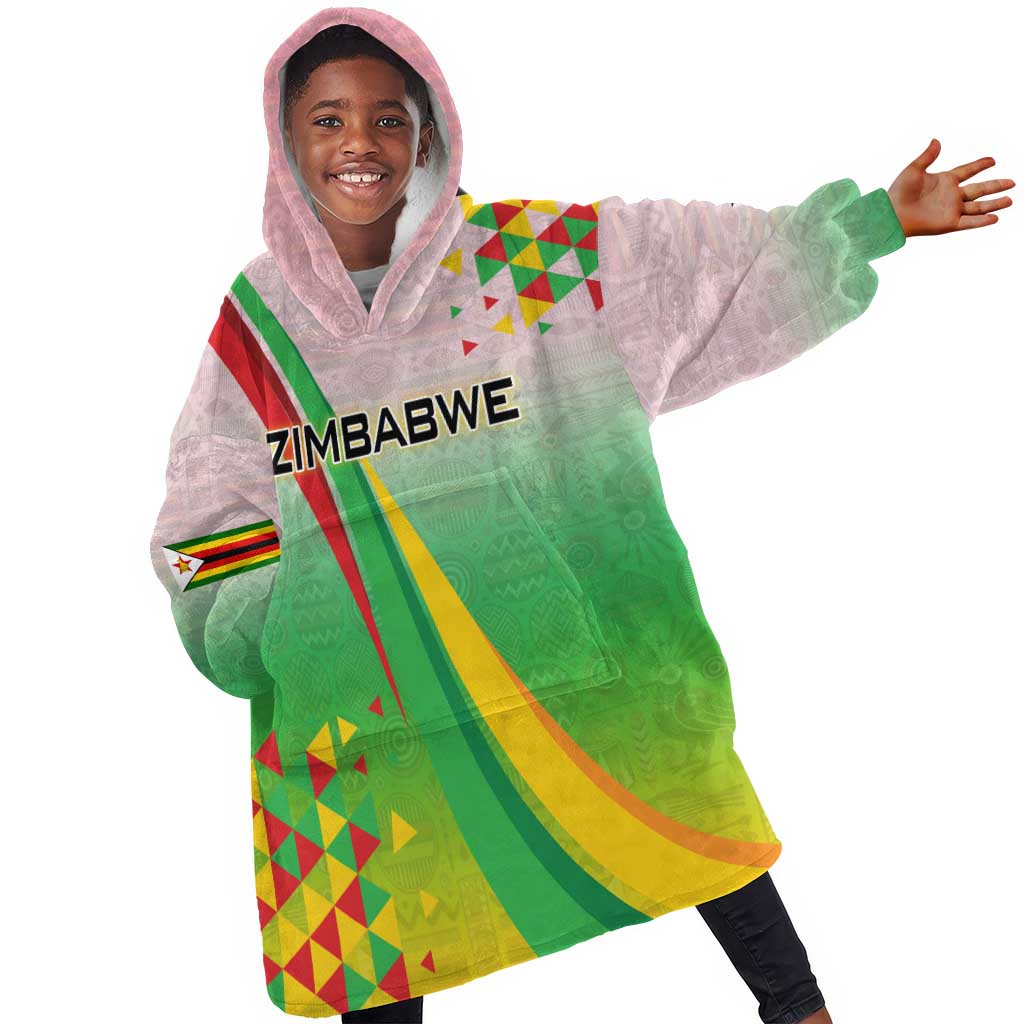 Vibe Zimbabwe Kid Wearable Blanket Hoodie Tribal-Inspired Background with Geometric Flag Color Design