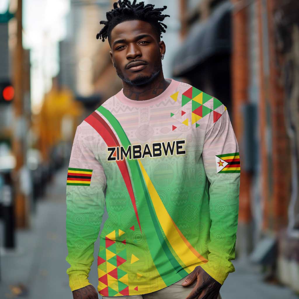 Vibe Zimbabwe Long Sleeve Shirt Tribal-Inspired Background with Geometric Flag Color Design