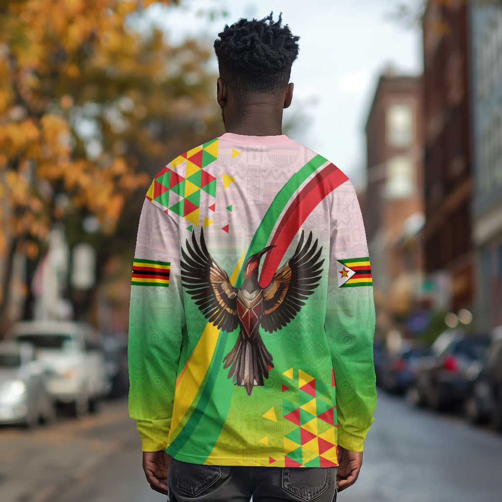 Vibe Zimbabwe Long Sleeve Shirt Tribal-Inspired Background with Geometric Flag Color Design