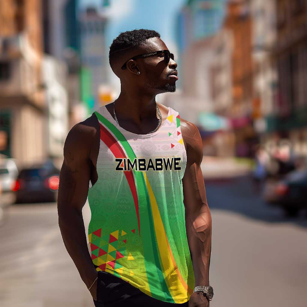 Vibe Zimbabwe Men Tank Top Tribal-Inspired Background with Geometric Flag Color Design