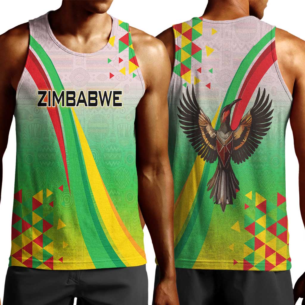 Vibe Zimbabwe Men Tank Top Tribal-Inspired Background with Geometric Flag Color Design