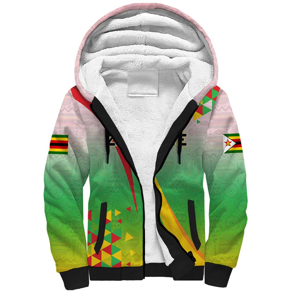 Vibe Zimbabwe Sherpa Hoodie Tribal-Inspired Background with Geometric Flag Color Design