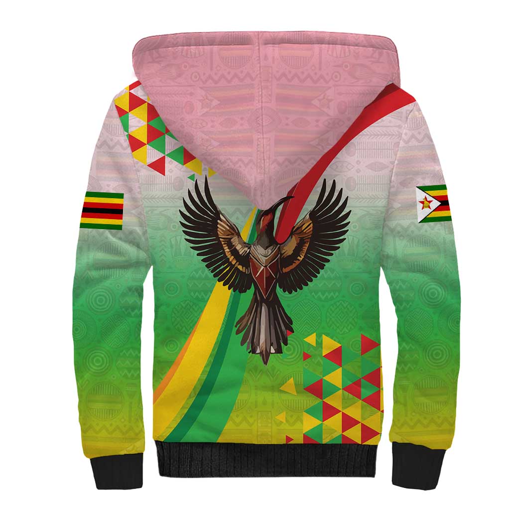 Vibe Zimbabwe Sherpa Hoodie Tribal-Inspired Background with Geometric Flag Color Design