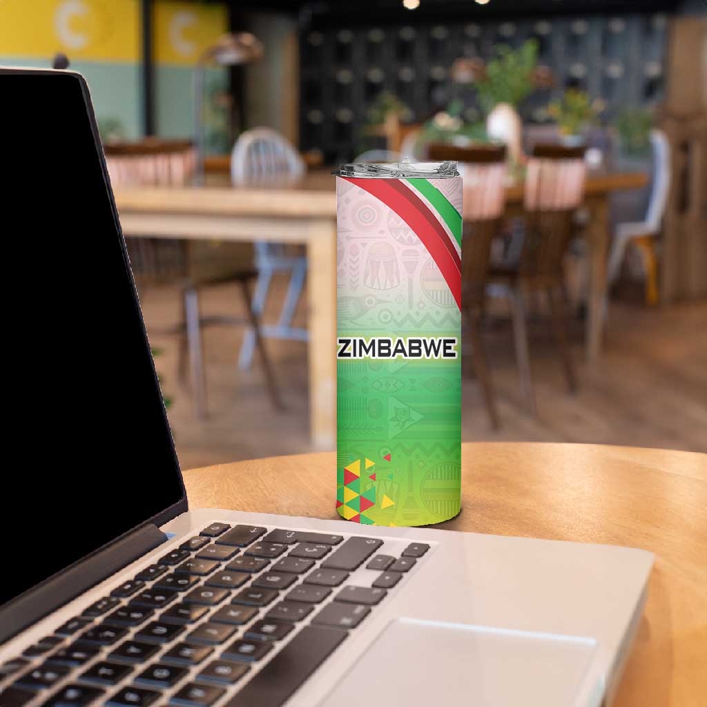 Vibe Zimbabwe Skinny Tumbler Tribal-Inspired Background with Geometric Flag Color Design