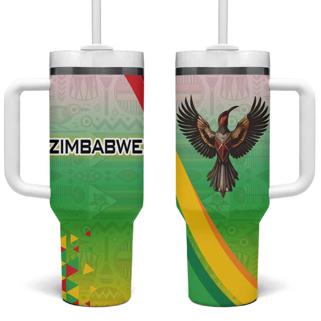 Vibe Zimbabwe Tumbler With Handle Tribal-Inspired Background with Geometric Flag Color Design