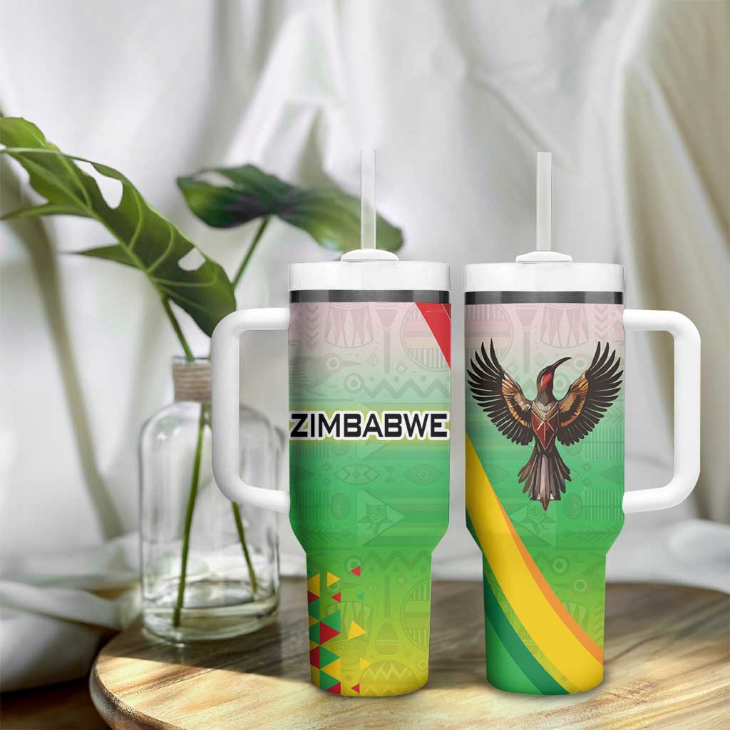 Vibe Zimbabwe Tumbler With Handle Tribal-Inspired Background with Geometric Flag Color Design