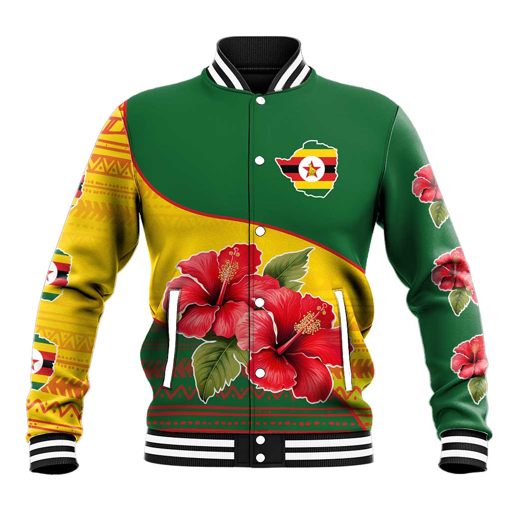 Zimbabwe Flag Map Baseball Jacket African Tribal Pattern Red Hibiscus Flowers