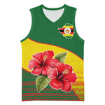 Zimbabwe Flag Map Basketball Jersey African Tribal Pattern Red Hibiscus Flowers - African Pride