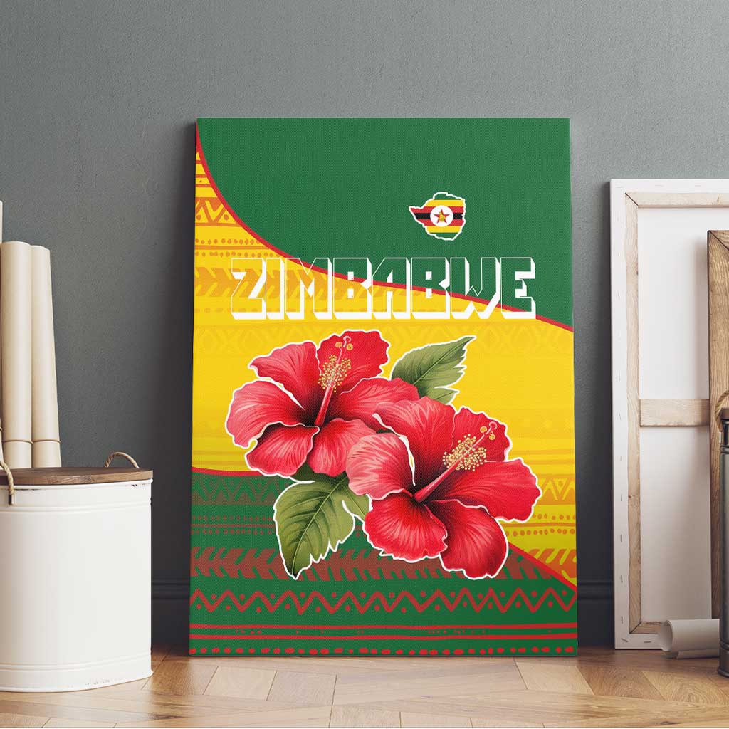 Zimbabwe Flag Map Canvas Wall Art African Tribal Pattern Red Hibiscus Flowers