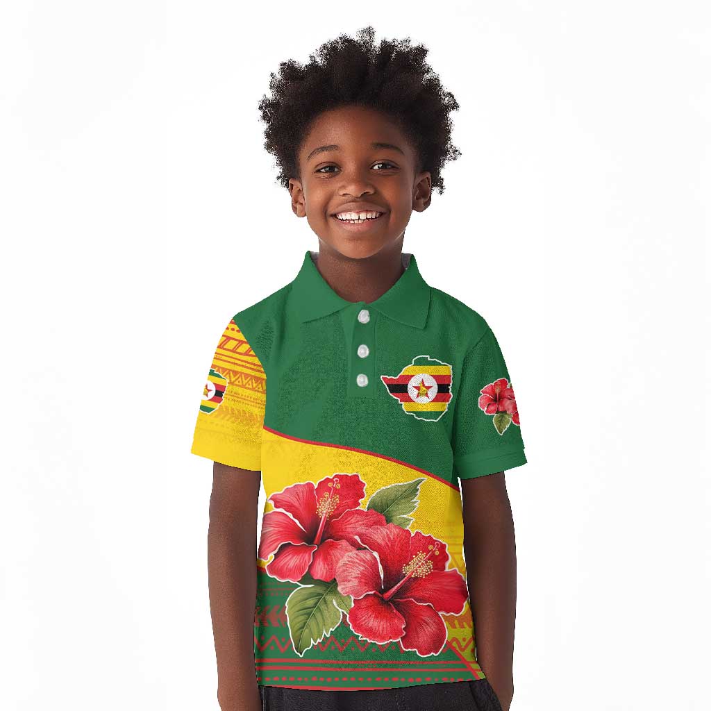 Zimbabwe Flag Map Kid Polo Shirt African Tribal Pattern Red Hibiscus Flowers
