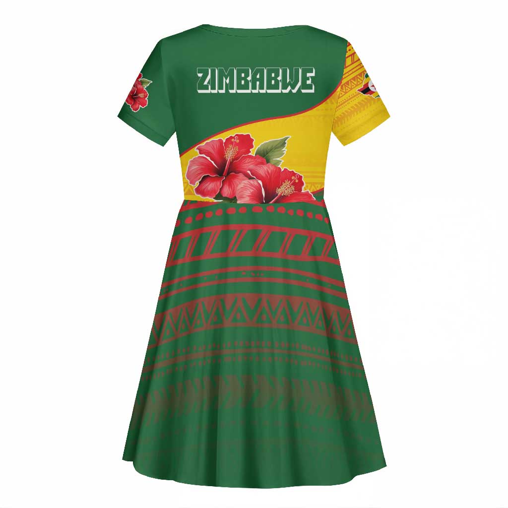 Zimbabwe Flag Map Kid Short Sleeve Dress African Tribal Pattern Red Hibiscus Flowers