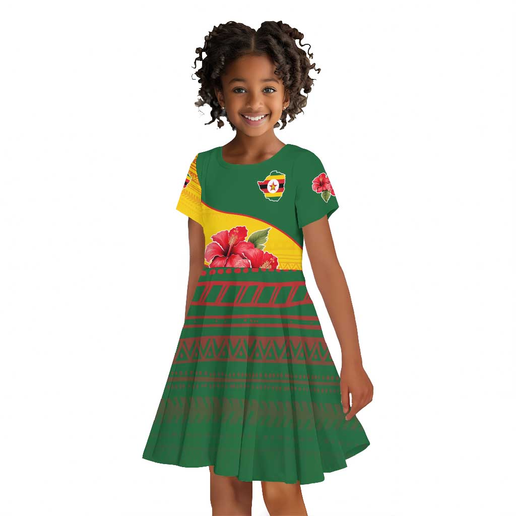 Zimbabwe Flag Map Kid Short Sleeve Dress African Tribal Pattern Red Hibiscus Flowers
