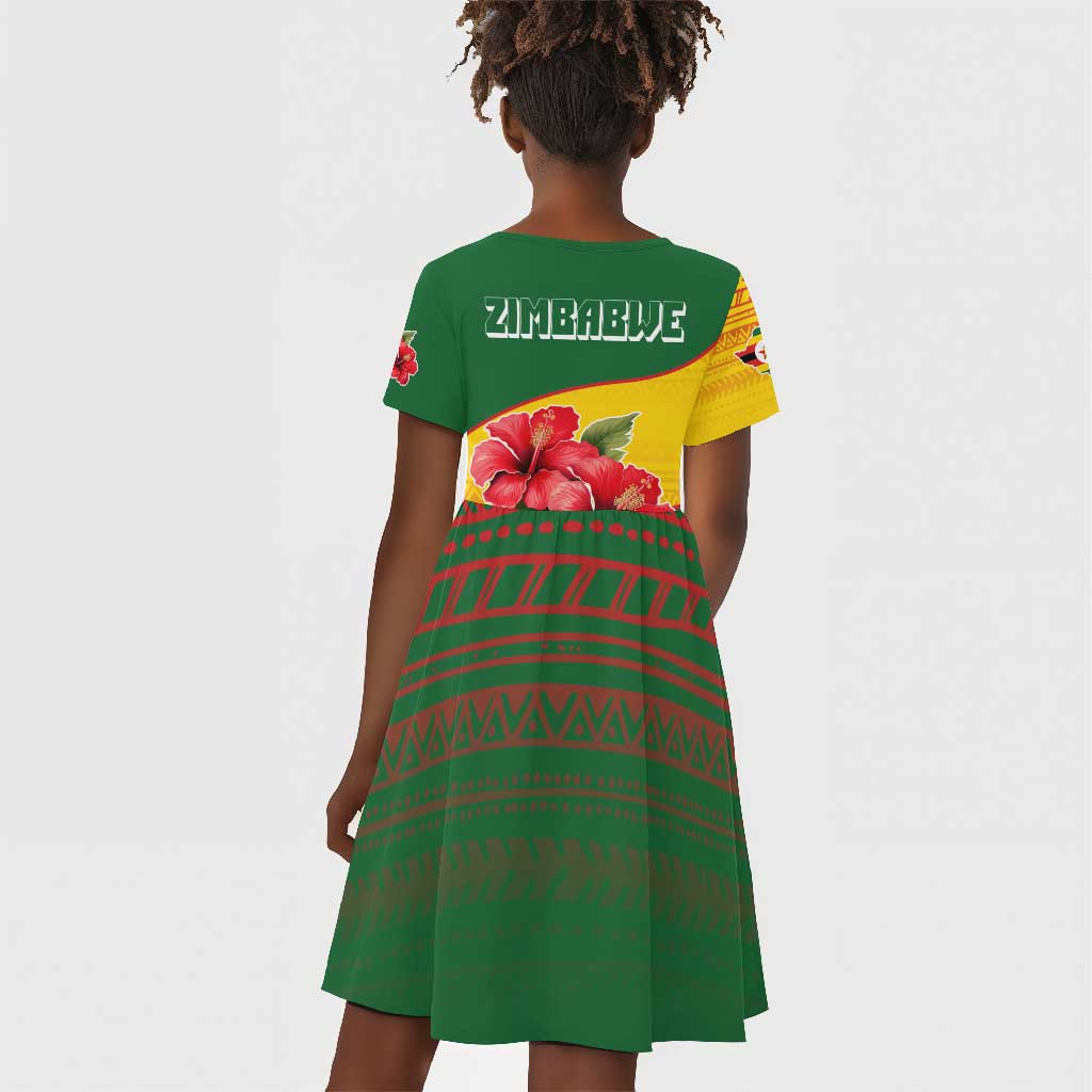 Zimbabwe Flag Map Kid Short Sleeve Dress African Tribal Pattern Red Hibiscus Flowers