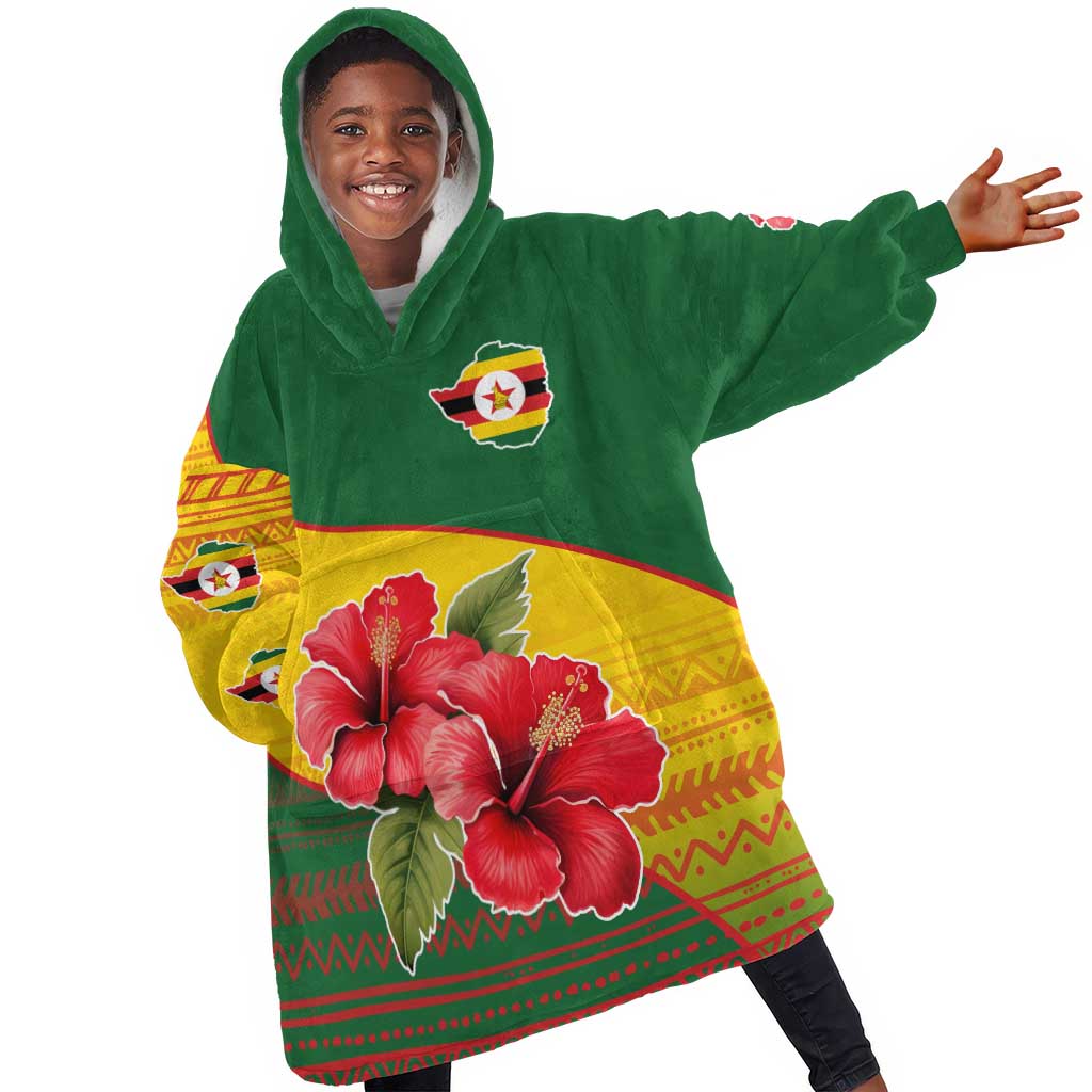 Zimbabwe Flag Map Kid Wearable Blanket Hoodie African Tribal Pattern Red Hibiscus Flowers