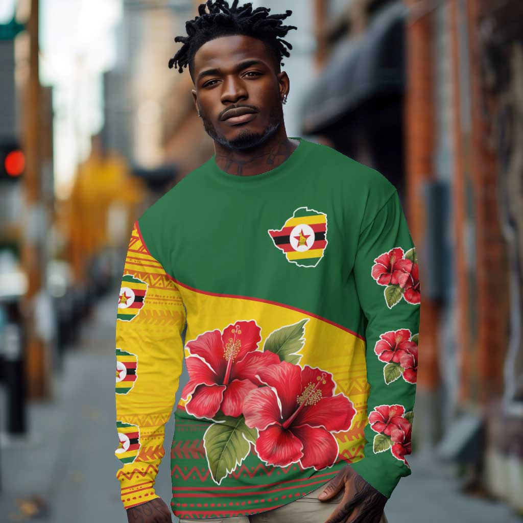 Zimbabwe Flag Map Long Sleeve Shirt African Tribal Pattern Red Hibiscus Flowers