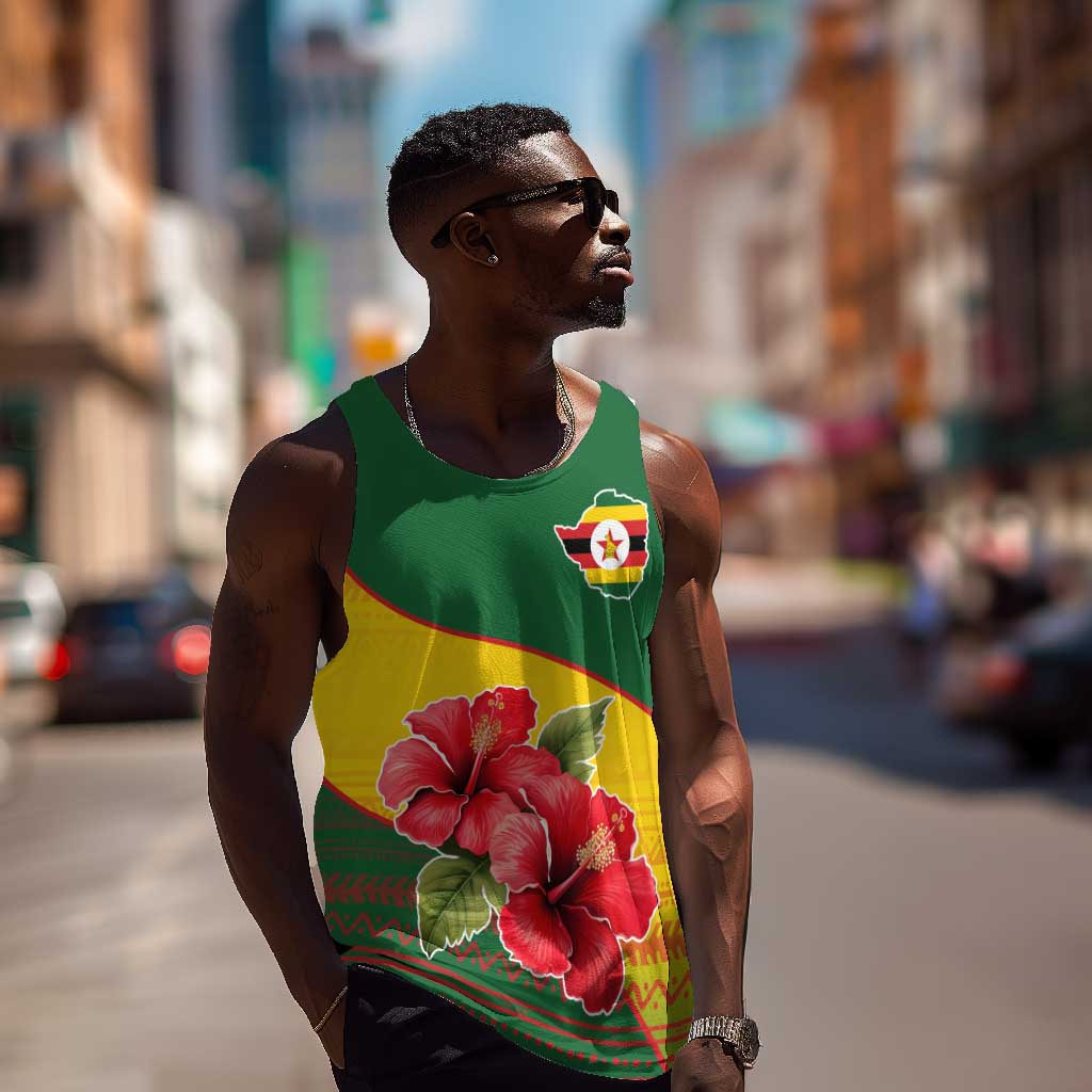 Zimbabwe Flag Map Men Tank Top African Tribal Pattern Red Hibiscus Flowers