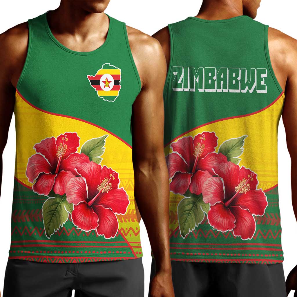 Zimbabwe Flag Map Men Tank Top African Tribal Pattern Red Hibiscus Flowers