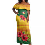 Zimbabwe Flag Map Off Shoulder Maxi Dress African Tribal Pattern Red Hibiscus Flowers