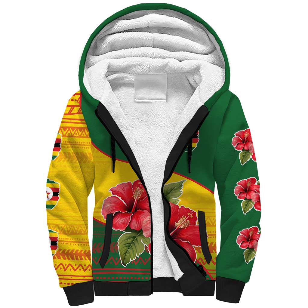 Zimbabwe Flag Map Sherpa Hoodie African Tribal Pattern Red Hibiscus Flowers