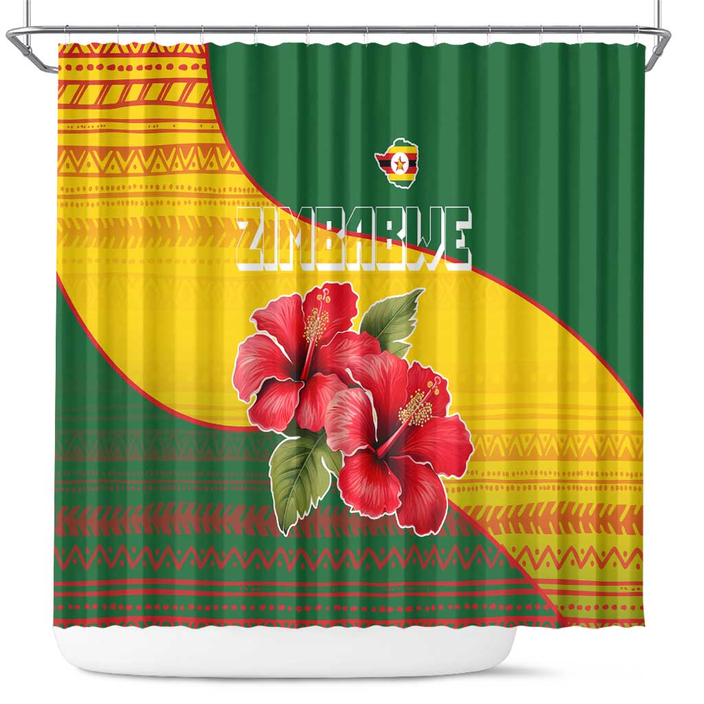 Zimbabwe Flag Map Shower Curtain African Tribal Pattern Red Hibiscus Flowers