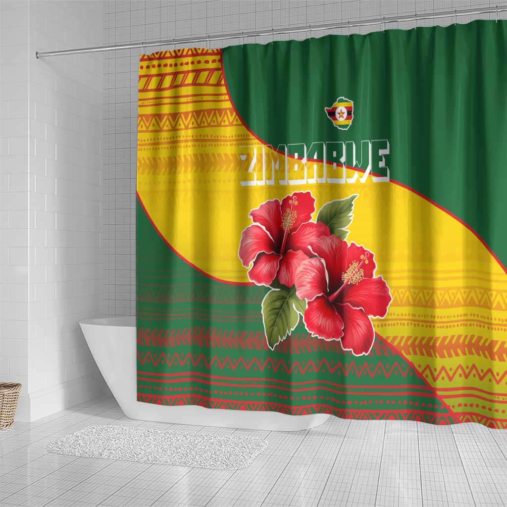 Zimbabwe Flag Map Shower Curtain African Tribal Pattern Red Hibiscus Flowers