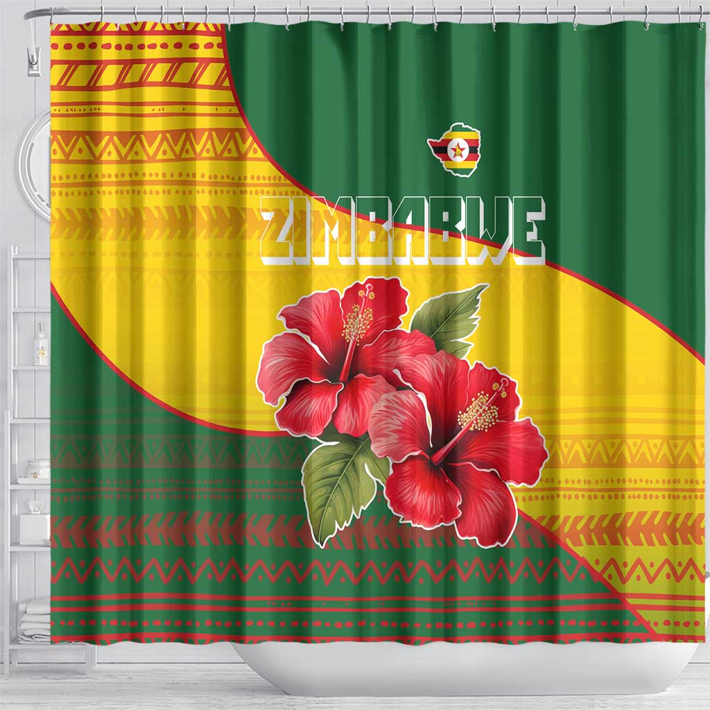 Zimbabwe Flag Map Shower Curtain African Tribal Pattern Red Hibiscus Flowers
