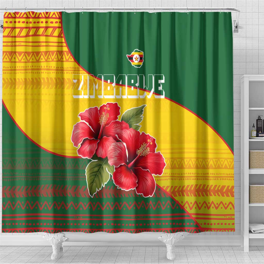 Zimbabwe Flag Map Shower Curtain African Tribal Pattern Red Hibiscus Flowers