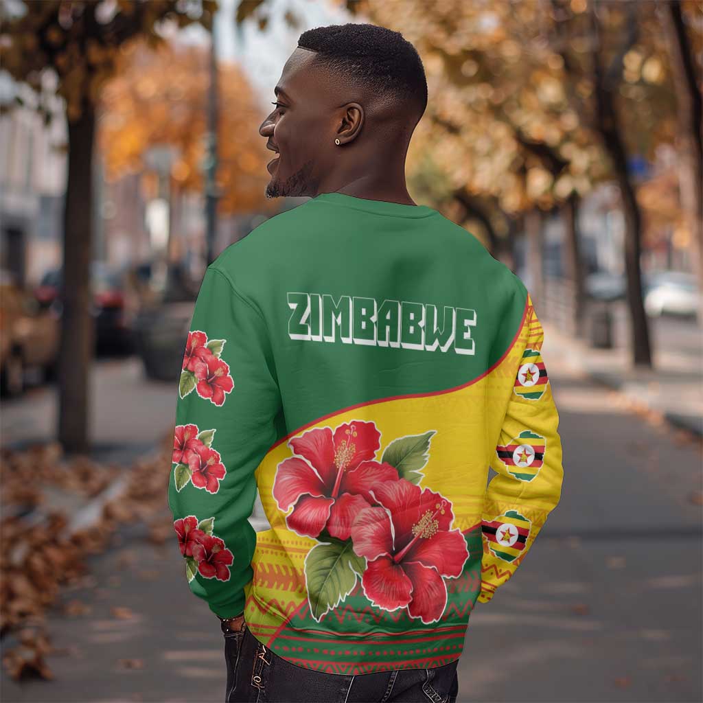 Zimbabwe Flag Map Sweatshirt African Tribal Pattern Red Hibiscus Flowers