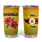 Zimbabwe Flag Map Tumbler Cup African Tribal Pattern Red Hibiscus Flowers