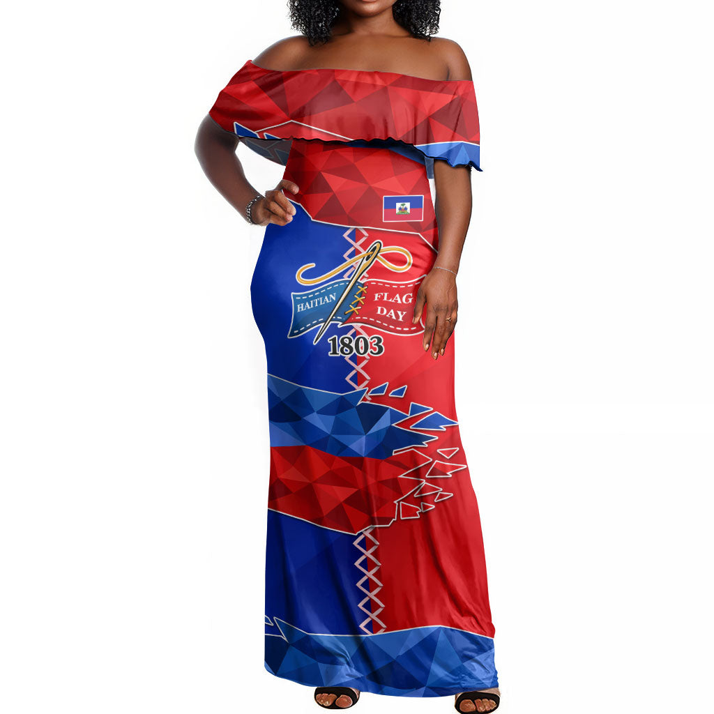 Haiti Flag Day Arcahaie 1803 Off Shoulder Maxi Dress Geometric Low Poly  Flag Art