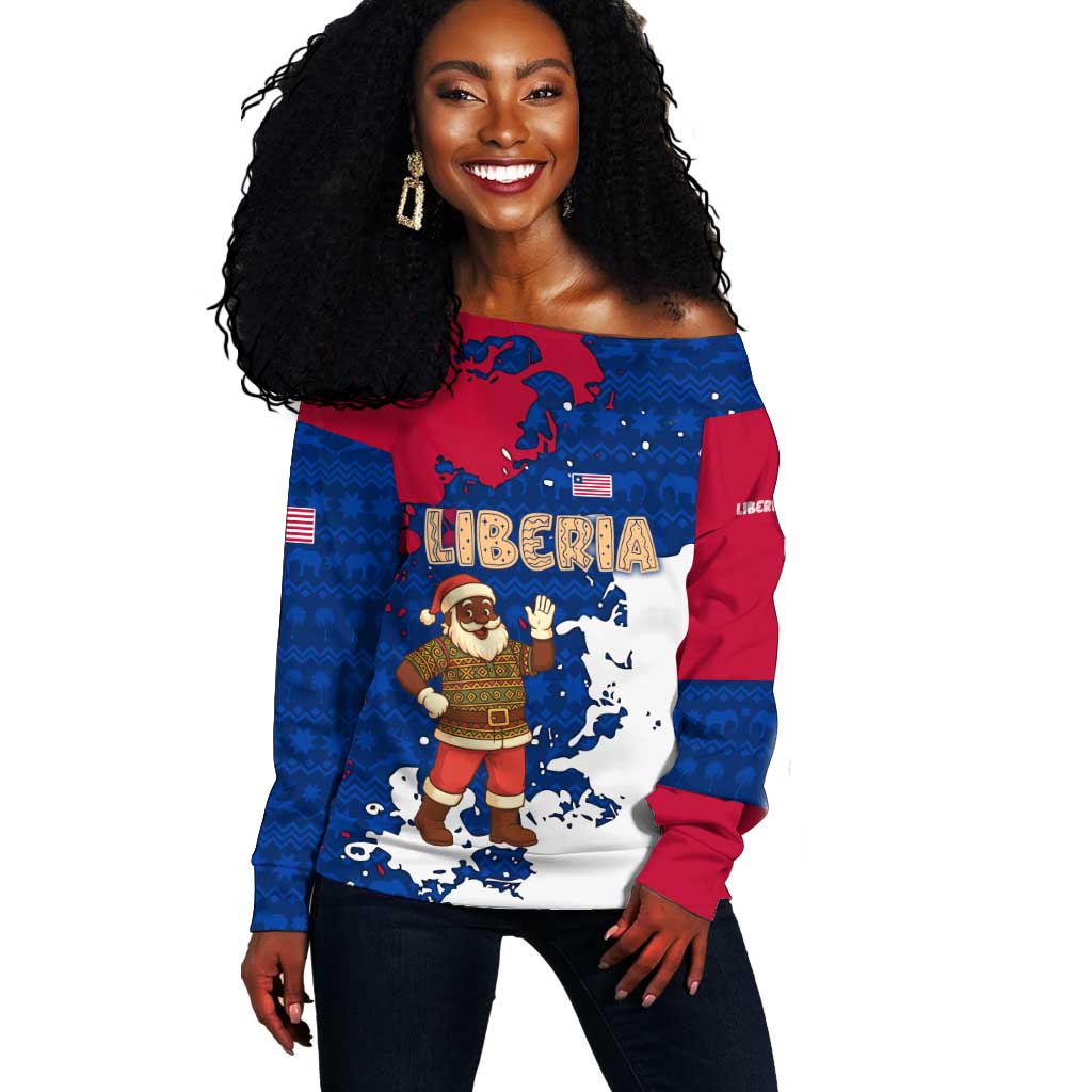 Liberia Christmas Off Shoulder Sweater Santa Claus Map Graphic and Red Blue Festive - African Pride