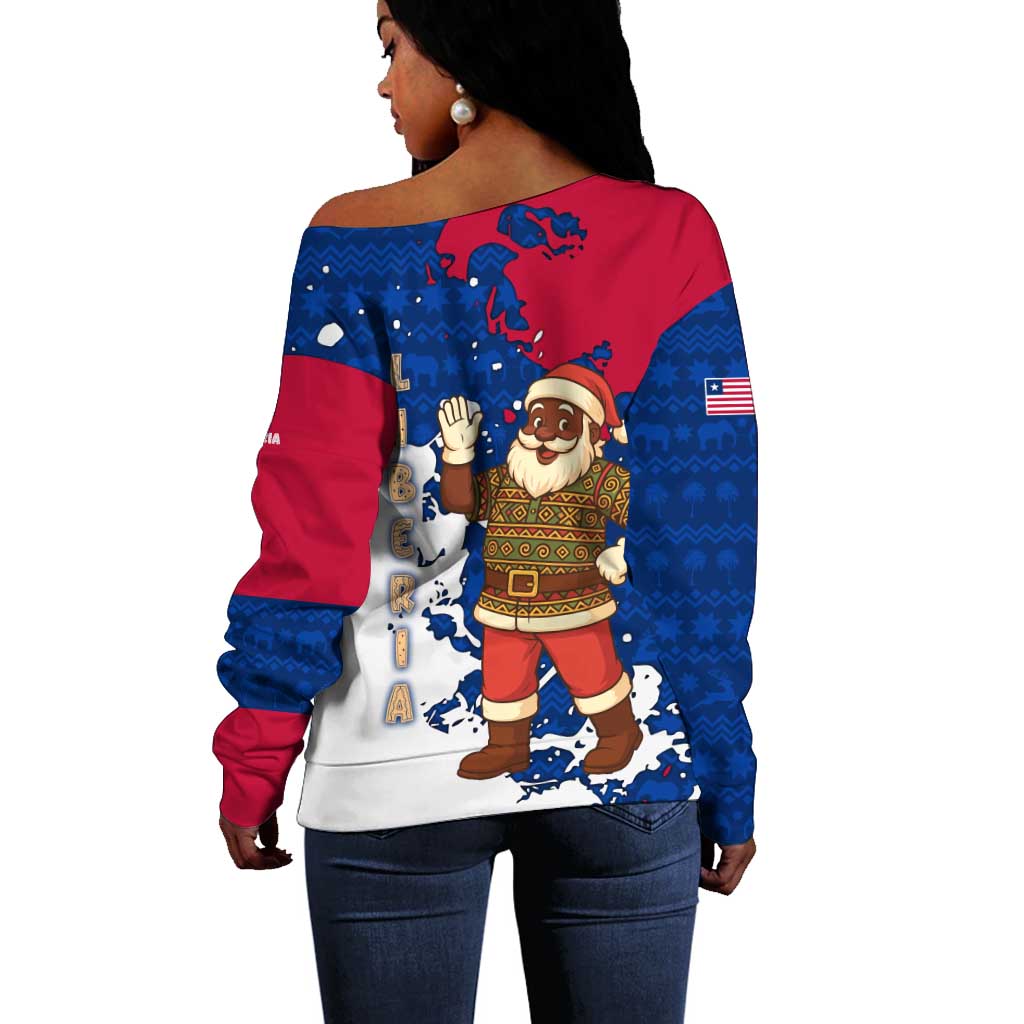 Liberia Christmas Off Shoulder Sweater Santa Claus Map Graphic and Red Blue Festive - African Pride