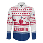 Liberia Christmas Long Sleeve Button Shirt Red Wildlife Silhouettes and White Blue Holiday - African Pride