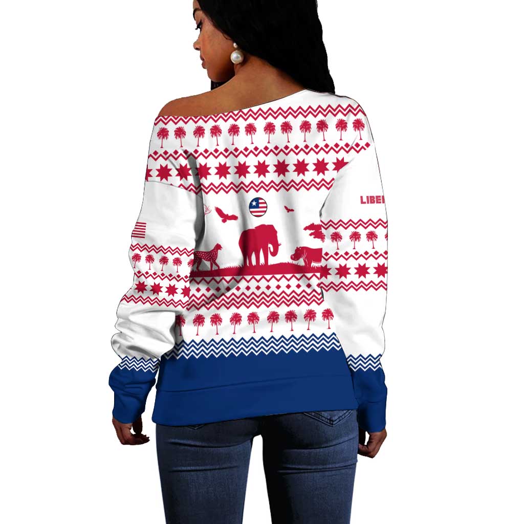 Liberia Christmas Off Shoulder Sweater Red Wildlife Silhouettes and White Blue Holiday - African Pride