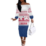 Liberia Christmas Off The Shoulder Long Sleeve Dress Red Wildlife Silhouettes and White Blue Holiday - African Pride