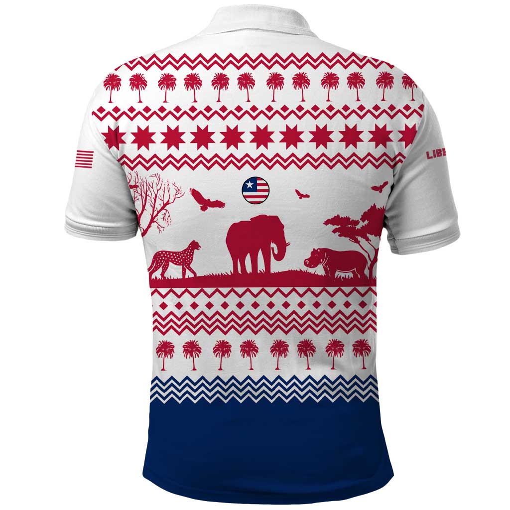 Liberia Christmas Polo Shirt Red Wildlife Silhouettes and White Blue Holiday - African Pride