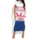 Liberia Christmas Short Sleeve Bodycon Dress Red Wildlife Silhouettes and White Blue Holiday - African Pride