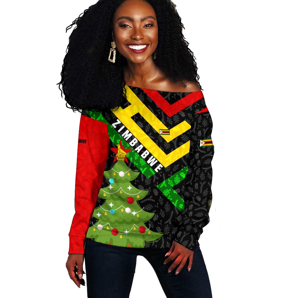 Zimbabwe Christmas Off Shoulder Sweater Flag Colors Xmas Tree and Holiday - African Pride